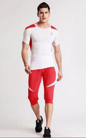 YG1081 Mens Sports Compression Skin Tights Short Sleeve Top   Pants Set